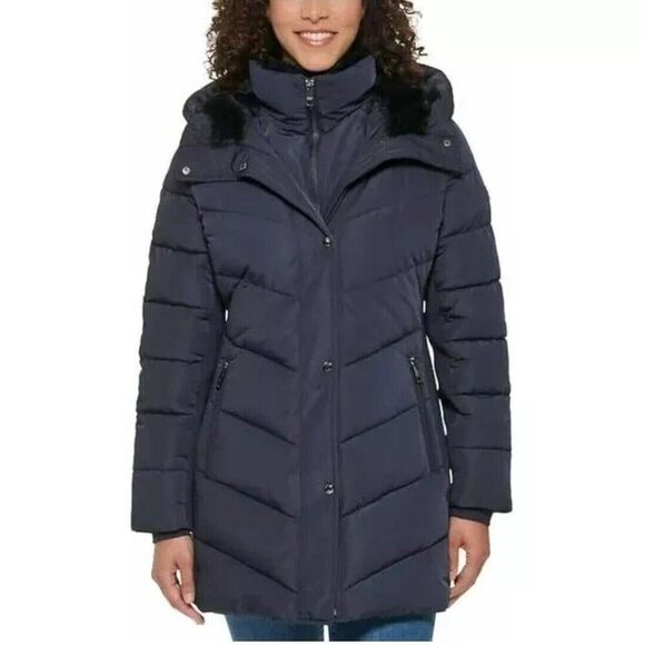 Andrew Marc Women's Size XXL Walker Jacket Parka Zip Puffer Hooded Navy $190 NWT - Picture 1 of 10